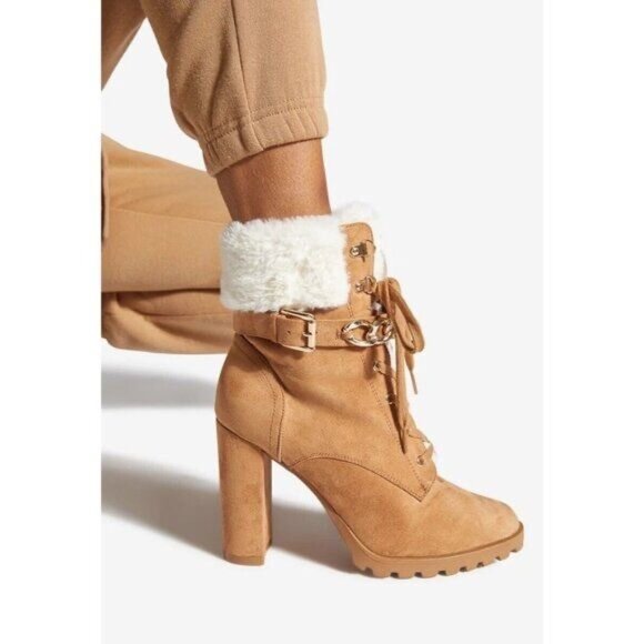 NIB Tan Faux Suede Faux Fur Block Heel Booties - Picture 2 of 7